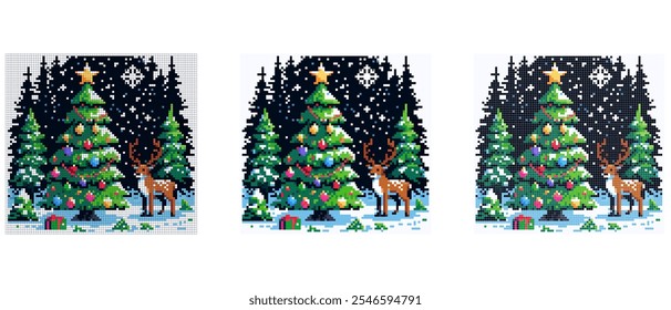 A decorated Christmas tree with colorful ornaments stands in a snowy forest with a reindeer nearby under a starry night sky.