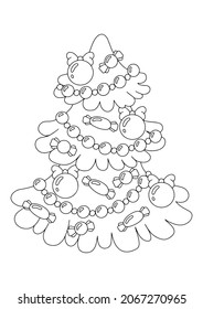 Decorated christmas tree. Coloring book page for kids. Cartoon style character. Vector illustration isolated on white background.