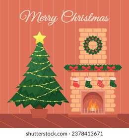 Decorated Christmas tree, cozy fireplace with socks for gifts and a wreath. New year concept. Vector illustration