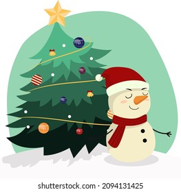 Decorated christmas tree and cute snowman with santa hat, decoration balls and lamps. Merry Christmas and a happy new year.