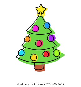 Decorated christmas tree decoration ball in cartoon flat style. Merry Christmas and Happy New Year. Vector illustration isolated.