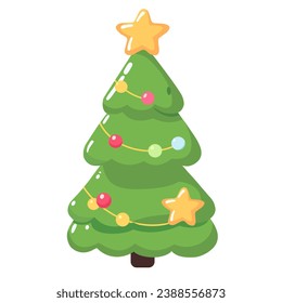 Decorated christmas tree decoration ball in cartoon flat style. Merry Christmas and Happy New Year. Vector illustration isolated.