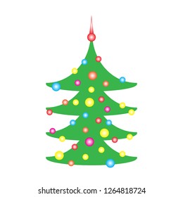 Decorated christmas tree with decoration balls. Merry Christmas and a happy new year. Flat style, isolated on white background, vector illustration. 