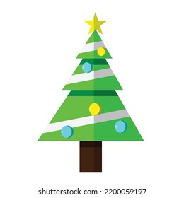 Decorated Christmas tree. decoration balls, shadow. Merry Christmas and a happy new year.Flat style vector illustration.