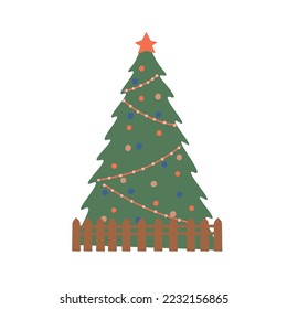 Decorated christmas tree with fence in flat style.  