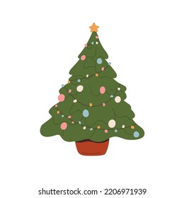 Decorated Christmas tree with festive ornament, decoration. Traditional live Xmas fir with star, balls, baubles and light garland, growing in pot. Flat vector illustration isolated on white background