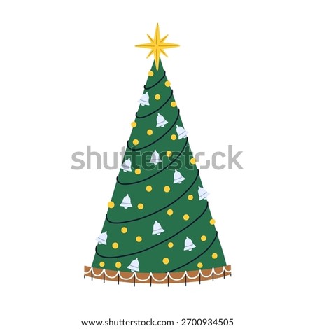 Decorated Christmas tree. Festive winter holiday fir adorned with baubles, bells decoration, ornament, star topper. Traditional New Year spruce. Flat vector illustration isolated on white background