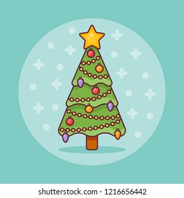 Decorated Christmas tree flat line icon. Vector illustration.