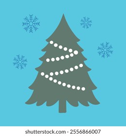 Decorated Christmas tree with garlands and snowflakes, bright blue background. Minimalist flat design. For festive greeting cards and winter-themed decorations