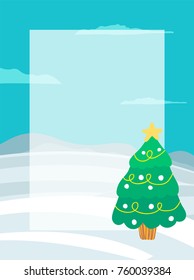 Decorated Christmas tree with garlands and star on top outdoors and frame place for text vector illustration greeting card design festive evergreen spruce