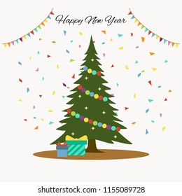 Decorated christmas tree with gift boxes with text "Happy new year". Flat style vector illustration.
