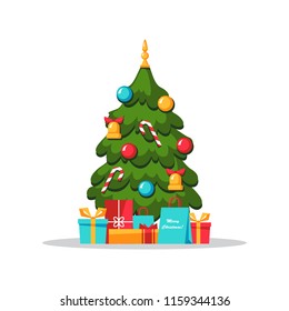 Decorated christmas tree with gift boxes isolated on white. Flat style vector illustration.