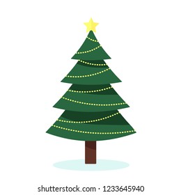 Decorated christmas tree with gift boxes, lights, decoration balls and lamps. Merry Christmas and a happy new year. Vector illustration in flat and cartoon style