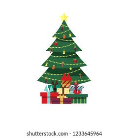 Decorated christmas tree with gift boxes, lights, decoration balls and lamps. Merry Christmas and a happy new year. Vector illustration in flat and cartoon style