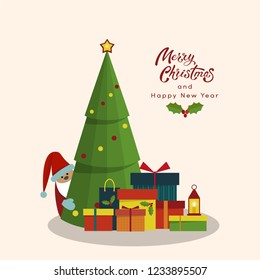 Decorated christmas tree with gift boxes and Santa Claus. For X-mas and New Year greetings, postcard, poster, banner. Hand sketched Merry Christmas and a happy new year lettering. Flat style vector.