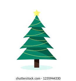 Decorated christmas tree with gift boxes, lights, decoration balls and lamps. Merry Christmas and a happy new year. Vector illustration in flat and cartoon style