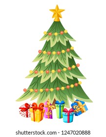 Decorated christmas tree with gift boxes, star, lights, decoration balls. Merry Christmas and happy new year. Green spruce, evergreen tree. Flat vector illustration isolated on white background.