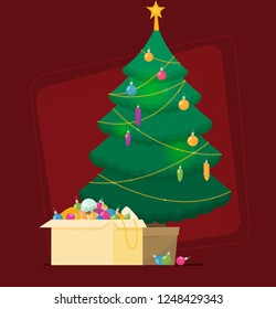 Decorated christmas tree with gift boxes, star, lights, decoration balls and lamps. Merry Christmas and a happy new year. Flat style vector illustration.