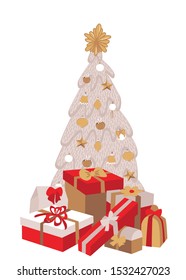 Decorated christmas tree with gift boxes, star, decoration balls. Merry Christmas and a happy new year. 