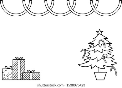 Decorated christmas tree with gift boxes, star, lights, decoration. Merry Christmas and a happy new year. Flat style vector illustration. Outline drawing for kids coloring.