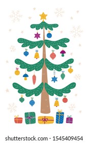 Decorated christmas tree with gift boxes, star and decoration balls. Merry Christmas and a happy new year. Vector illustration in flat and cartoon style on a white background.