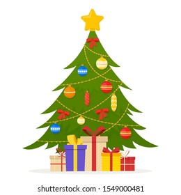 Decorated Christmas tree and gift boxes isolated on white background. Vector illustration for holiday Xmas and New Year.