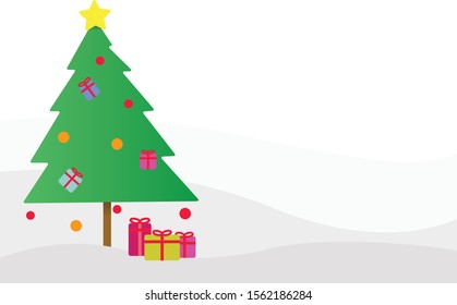 Decorated Christmas tree with gift boxes ans  snow,Flat style vector illustration.