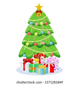 Decorated christmas tree and gift boxes. Vector