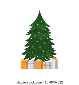 Decorated Christmas tree and gift boxes.