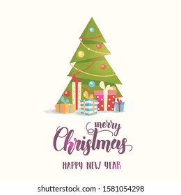 Decorated Christmas tree with gift boxes isolated on white. Flat style illustration. Happy New Year 2020 and merry  Christmas. Hand made Lettering