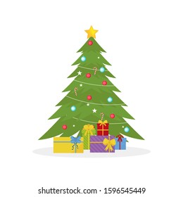 Decorated Christmas tree with gift boxes, stars, lights, balls and lamps. Merry Christmas and Happy New Year. Winter holiday. Flat vector design.