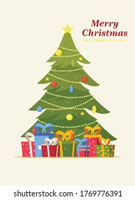 Decorated Christmas tree with gift boxes, star, lights, decoration of balls and lamps. Merry christmas and happy new year. Vector illustration