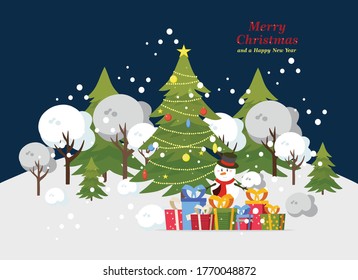 Árbol de Navidad decorado con cajas de regalo, estrella, luces, decoración de bolas y lámparas. Feliz Navidad y feliz año nuevo. Ilustración del vector