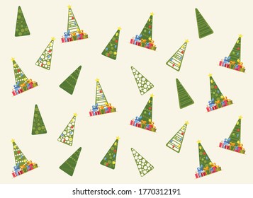 Decorated Christmas tree with gift boxes, star, lights, decoration of balls and lamps. Merry christmas and happy new year. Vector illustration