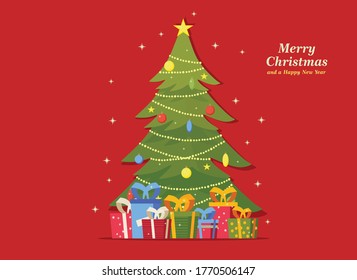 Decorated Christmas tree with gift boxes, star, lights, decoration of balls and lamps. Merry christmas and happy new year. Vector illustration