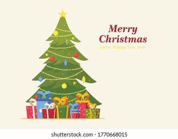 Dekorierter Weihnachtsbaum mit Geschenkbox, Stern, Lichtern, Dekoration von Kugeln und Lampen. Frohe Weihnachten und glückliches neues Jahr. Vektorgrafik