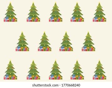 Decorated Christmas tree with gift boxes, star, lights, decoration of balls and lamps. Merry christmas and happy new year. Vector illustration