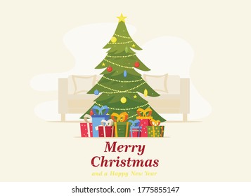 Árbol de Navidad decorado con cajas de regalo, estrella, luces, decoración de bolas y lámparas. Feliz Navidad y feliz año nuevo. Ilustración del vector