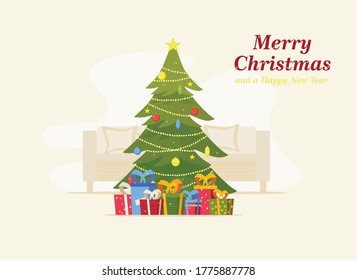 Decorated Christmas tree with gift boxes, star, lights, decoration of balls and lamps. Merry christmas and happy new year. Vector illustration