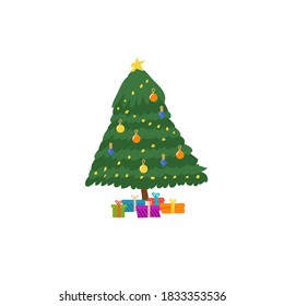 Árbol de navidad decorada con cajas de regalo, estrella, luces, bolas de decoración y lámparas. Feliz Navidad y un feliz año nuevo. Ilustración vectorial de estilo plano.