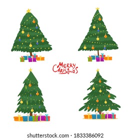 Decorated christmas tree with gift boxes, star, lights, decoration balls and lamps. Merry Christmas and a happy new year. Flat style vector illustration.