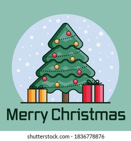 Decorated christmas tree with gift boxes, lights, decoration balls. Merry Christmas. Vector illustration in flat and cartoon style.