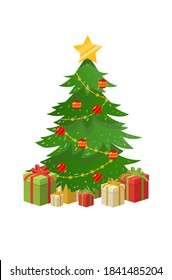 decorated Christmas tree with gift boxes below