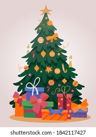 Árbol de Navidad decorado con cajas de regalo, estrella, luces, bolas decorativas. Ilustración plana vectorial. Celebración. Feliz Año Nuevo y Feliz Navidad.