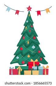 Decorated christmas tree with gift boxes, star, decoration balls and garland. Merry Christmas and a happy new year concept. Vector illustration in trendy flat style for greeting card, banner, poster