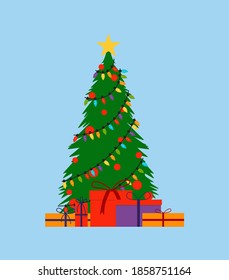 Decorated Christmas tree with gift boxes, star, lights, decoration balls, lamps and gift boxes.  Happy New Year and Merry Christmas. Vector illustration
