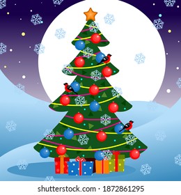Decorated Christmas tree and gift boxes. Bullfinches on the New Year spruce. Vector illustration.