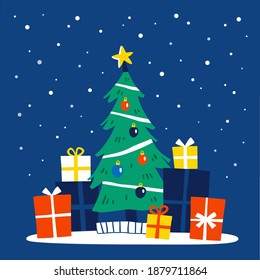 Decorated Christmas tree with gift boxes. Merry Christmas and a happy new year card. Flat style vector illustration.