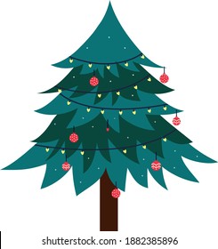 Decorated christmas tree with gift boxes, star, lights, decoration balls and lamps. Merry Christmas and a happy new year.