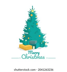 Decorated Christmas tree with gift boxes, candle , star and light. merry Christmas  vector  illustration.
